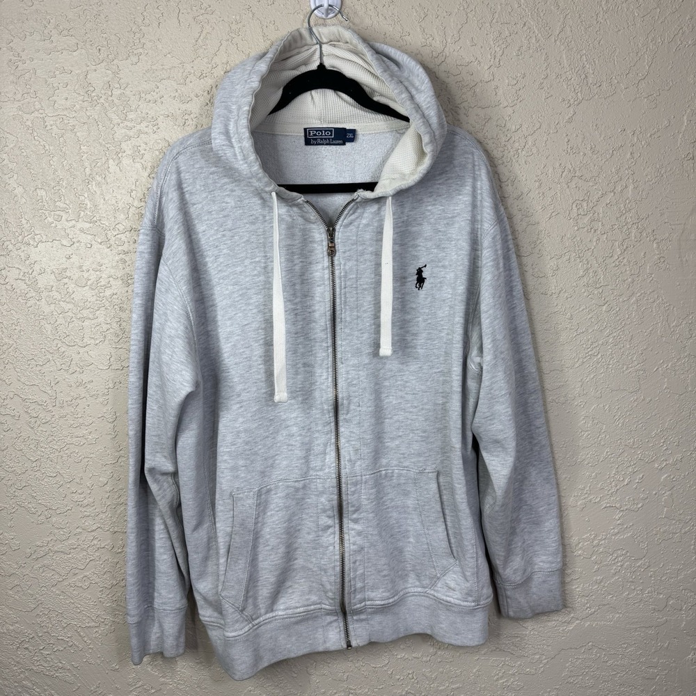 VTG Polo Ralph Lauren Full Zip Hoodie XXL Heather Gray Blue Pony Thermal Y2K